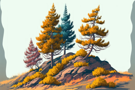 Small coniferous trees on the summit of a hill in the steppes of autumn. Russian Siberia the Altaiの素材