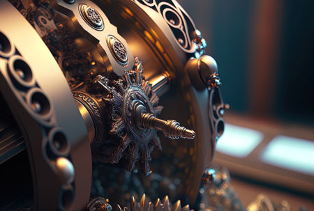 Photo with depth of focus shows machine mechanisms up close while treating a metal objectの素材