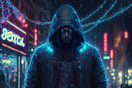 Hooded man in the city with glowing lights. 3d renderingの素材