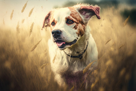 Portrait of a dog playing and wandering across a field of poisonous grass seeds during the summer.の素材