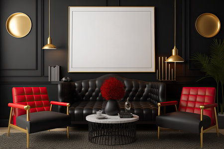 Black and gold living room with two red armchairs seat coffee table and framed poster. mockupの素材