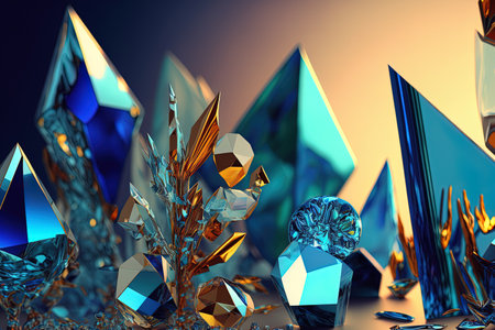 abstract colored crystals and reflections on a shiny blue backdrop. Contemporary wallpaperの素材