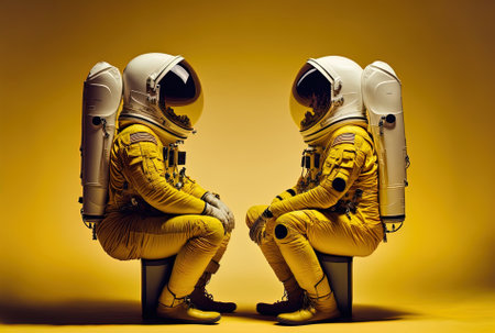NASA provided the space suits that are isolated on the yellow backdrop for this photographの素材