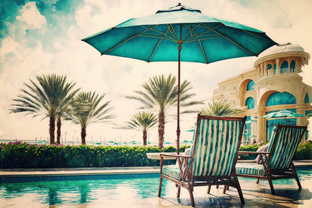 a chair and an umbrella at the pool of a resort hotel for a getaway by the sea or a beachの素材