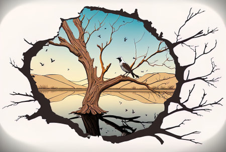 view from a high perspective of a dry tree with a bird in flight reflected in its glassの素材