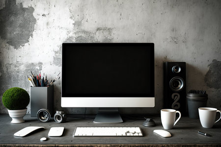 mock up of a workspace with a computer accessories and a concrete wallの素材