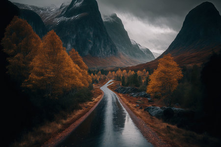 On a dreary fall day a road leads to the Scandinavian Mountains in a stunning national parkの素材