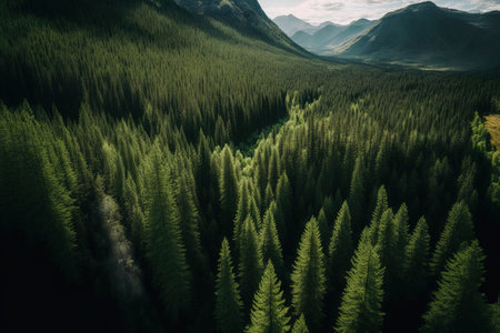 aerial picture of a northern woodland area with a green pine forest and dark spruce treesの素材