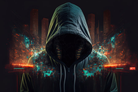 Using virtual reality and a glitch effect a hacker in a hood launches an unidentifiable cyberattackの素材