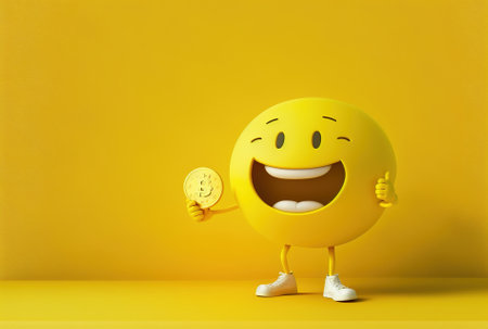 Yellow backdrop with a cartoon mascot with white teeth holding a piggy bank and a golden dollar coinの素材