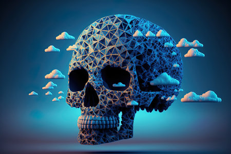 abstract digital cloud skull on a blue background indicating data theft and hacking in the cloudの素材