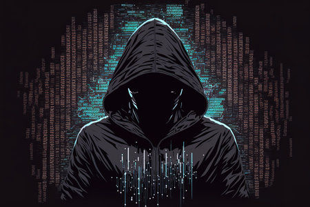 the hacker was wearing a black hoodie stealing huge financial data on computers with binary codeの素材