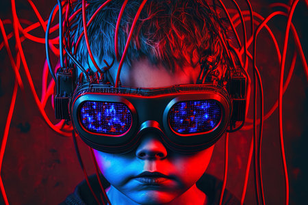 portrait cyberpunk boy child in vr glasses in blue and red tones with wires on a red backgroundの素材