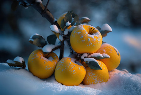 apples in the color of yellow on a tree with fresh snow. selective attention. excellent photographの素材