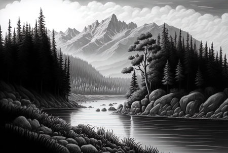 Shot in grayscale of a river in a scene with mountains a lot of trees and an overcast skyの素材