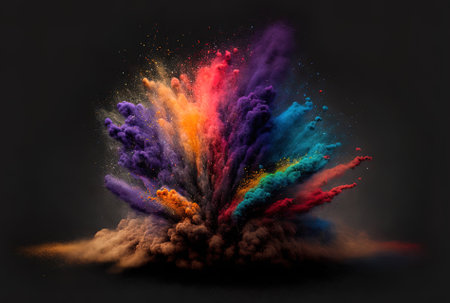 a dark backdrop with an abstract eruption of colourful dust. abstract backdrop with powder splattersの素材