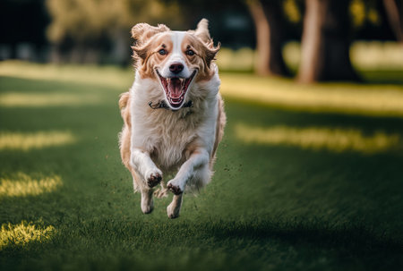 a picture of a dog sprinting quickly while sticking its tongue out at a park with greeneryの素材
