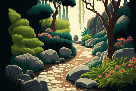 summertime Japanese Zen garden with a wet stone pathwayの素材