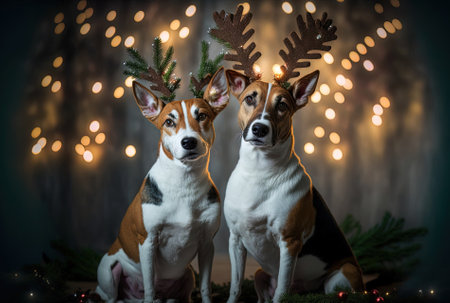 Two dogs beagle and jack russell terrier with Christmas deer antlers on the headの素材