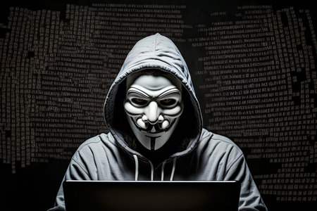 hacker wearing white mask with many characters internet fraud darknet and cyber security conceptの素材