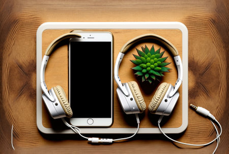 top view of the travel accessory idea. White cell phone and headphones on a wood backdropの素材