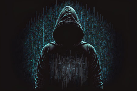 the hacker was wearing a black hoodie stealing huge financial data on computers with binary codeの素材