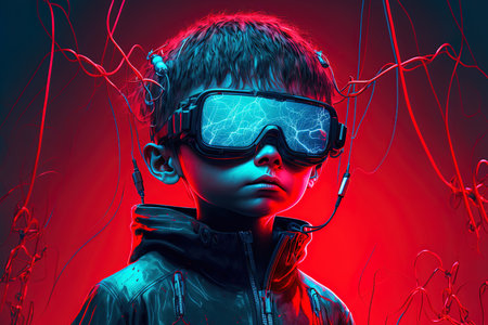 portrait cyberpunk boy child in vr glasses in blue and red tones with wires on a red backgroundの素材
