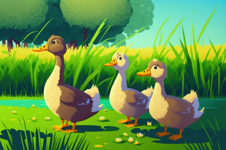 Young ducks or geese stroll on the grassの素材