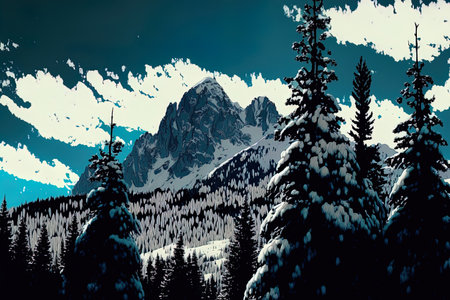 high snow capped mountains tops of fir trees Trentino Italy The sky was mostly clearの素材