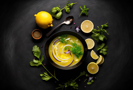 Top view of a bowl with components and a lemon sauce on a dark table. tasty salad dressingの素材