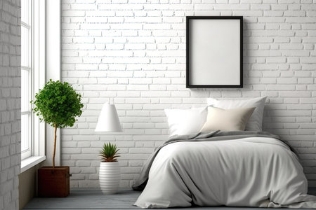 Vertical poster frame mockup on white brick bedroom wallの素材