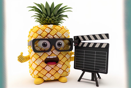Fun pineapple figure mascot in hipster manner with a cinema clapper board on a white backdrop.の素材