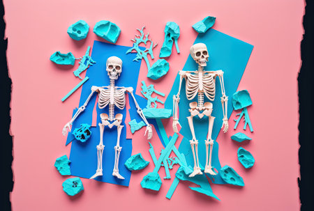 Top view of skeletal figures on a pink blue and helloween themed backdrop with ripped paperの素材