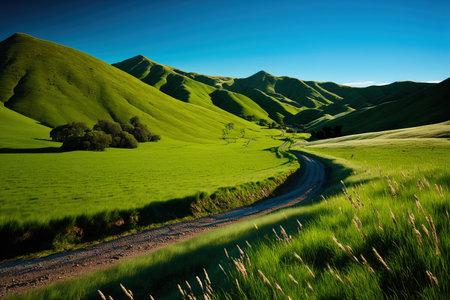 A backdrop of a clear sky may be seen behind a vertical image of grassy hills near a mountainの素材