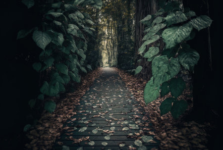 A walkway in a forested location is shown in a vertical image with leaves covering the groundの素材