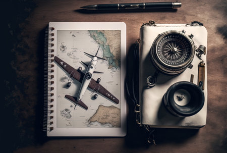 A map with an overhead view of a small white airplane a spiral notebook a pen a camera and a compassの素材