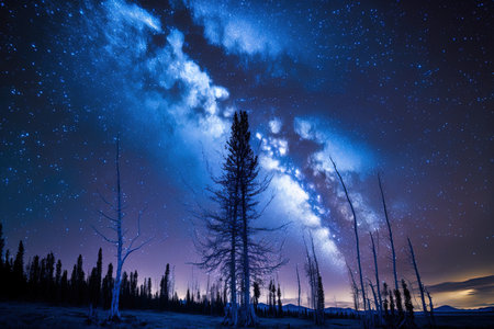 Above a field of trees was a blue starry night sky. Park Yellowstone. the Milky Way as a backdropの素材