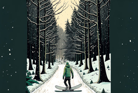 A skateboarder is seen standing on a road in the middle of a forest and snowy surroundingsの素材