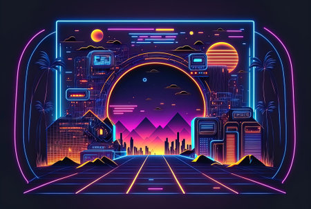 Background of a futuristic technological landscape with a geometric wireframe a neon signの素材