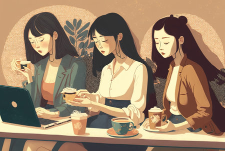 Asian ladies in their 20s utilizing a laptop checking their smartphones and drinking coffeeの素材