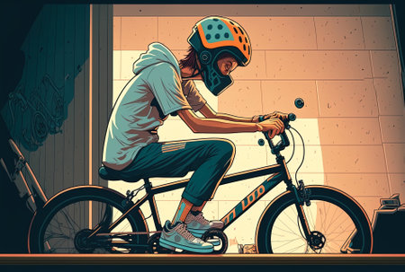 Bmx rider who is exhausted and wearing a helmet is seated on a bicycle in an indoor skateparkの素材