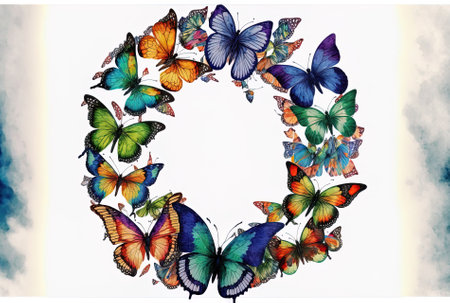 Bright butterflies in a circle are isolated on a white backdrop. watercolor drawing created by handの素材