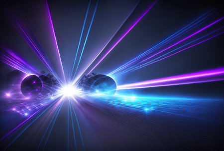 Blue and purple laser lights are graphically illustrated and are ideal for a digital background.の素材