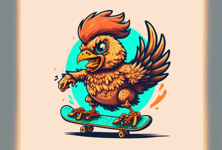 Cartoon symbol of a cute chicken riding a skateboard. sport emblem with an animal in itの素材