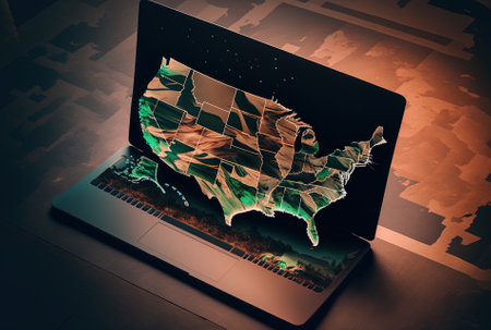 Background study and strategy idea with a double exposure of the digital map of America on a laptopの素材