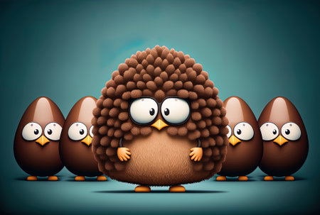 Character mascot of a brown chicken egg standing in front of a police lineup or mugshot backdropの素材