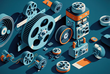 An aerial view of film reels film strips and various camera types against a blue backgroundの素材