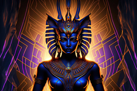Egyptian backdrop abstract Egyptian goddess Bastet rays and an ethereal neon backgroundの素材