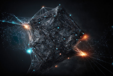 Concept of a digital cyberspace containing particles and links to a digital data networkの素材