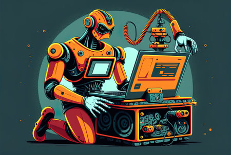 Engineer utilizing laptop computer for car industry maintenance robotic robotic hand toolの素材